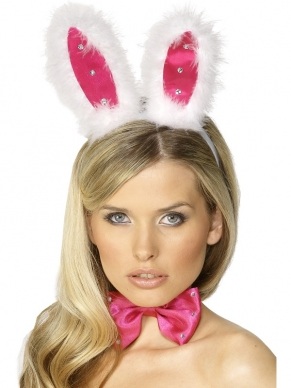 Roze Playboy Bunny Set met Steentjes. 3-delig Konijnensetje met diadeem met oortjes, vlinderstrik met steentjes en staartje. 