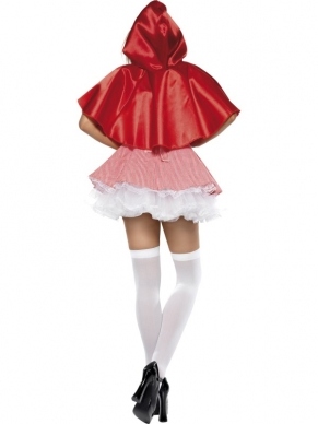 Roodkapje Dames Kostuum, bestaande uit het jurkje met schortje en de rode cape. Maak de look compleet met een bijpassende pruik en de kousen. Leuk voor Carnaval, Themafeestje of Musical.