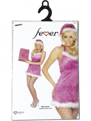Roze Fever Santa Kerstvrouw Jurk. Inbegrepen is de halterjurk en de roze kerstmuts.