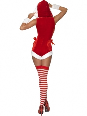 Fever Hot Stuff Santa Kerstvrouw Kostuum. Sexy kerstvrouwen bodysuit met hoody en armbanden. 
