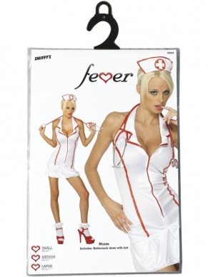 Fever Sexy Verpleegster Kostuum. Inbegrepen is de sexy halterjurk en het zusterhoedje. 