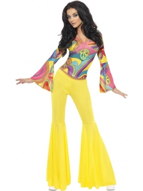 Fever 1970s Groovy Babe Vrolijk Gekleurd Kostuum. Inbegrepen is het gekleurde shirt en de gele broek met wijde pijpen. 