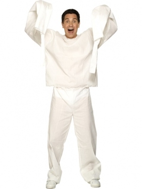 Lunatic Dwangbuis Heren Verkleedkleding. Inbegrepen is de witte broek en het witte shirt met armen op de rug.