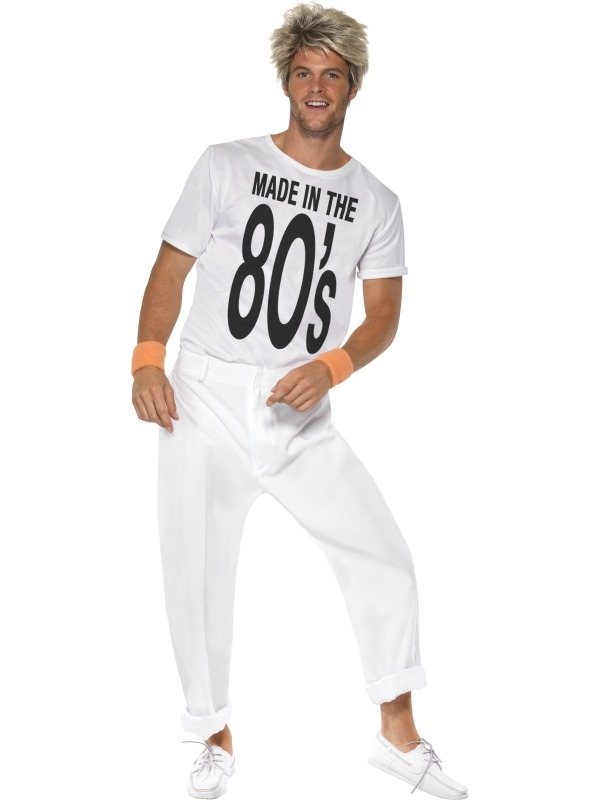 Made in 80'S Heren Verkleedkleding. Inbegrepen is de witte broek en het witte shirt met: Made in the 80's. We verkopen de pruik los. 