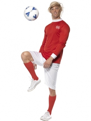 1966 Voetbalheld Kostuum. Inbegrepen is het voetbal verkleedkostuum met shirt en broek en de blonde pruik. 