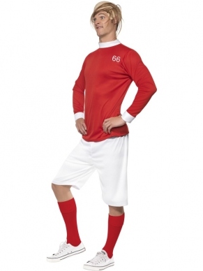1966 Voetbalheld Kostuum. Inbegrepen is het voetbal verkleedkostuum met shirt en broek en de blonde pruik. 