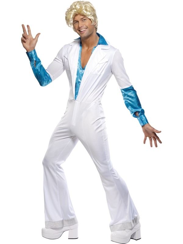 Disco Man 1970's Heren Kostuum. Compleet kostuum met witte catsuit met wijde pijpen en blauw shirt eraan. 