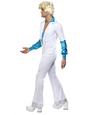 Disco Man 1970's Heren Kostuum. Compleet kostuum met witte catsuit met wijde pijpen en blauw shirt eraan. 