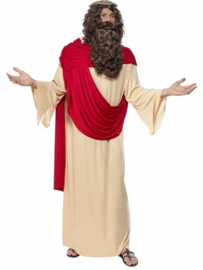 Jezus Christus Kostuum - lang ivoorkleurig gewaad met rode aangehechte sjaal, pruik, baard en doorn kroon.