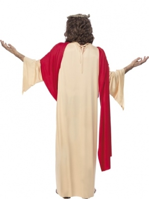 Jezus Christus Kostuum - lang ivoorkleurig gewaad met rode aangehechte sjaal, pruik, baard en doorn kroon.