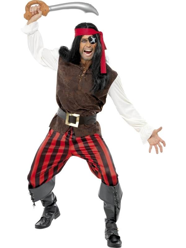 Pirate Ship Mate Heren Kostuum. Inbegrepen is het shirt, de broek, de sjaal en de riem. Compleet kostuum.