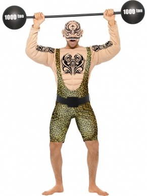 Sterke Man met Tatoeages Verkleedkostuum. Kompleet kostuum met latex masker (half masker), bodysuit met tijgerprint pakje en ook de opblaasbare halter.