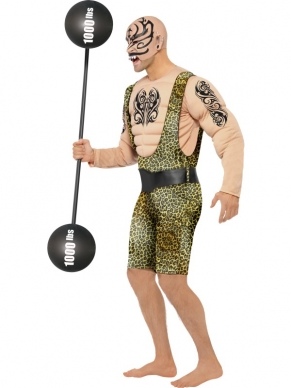 Sterke Man met Tatoeages Verkleedkostuum. Kompleet kostuum met latex masker (half masker), bodysuit met tijgerprint pakje en ook de opblaasbare halter.