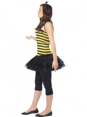 Miss Bumble Bee Beijen Verkleedkostuum. Inbegrepen is de jurk met tutu rok, de vleugels en de diadeem met voelsprieten.