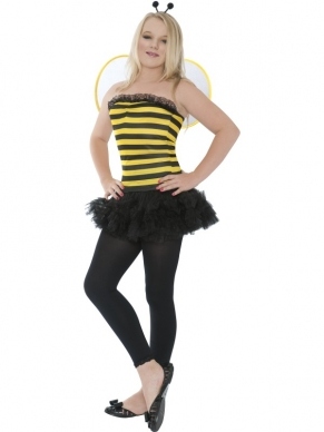 Miss Bumble Bee Beijen Verkleedkostuum. Inbegrepen is de jurk met tutu rok, de vleugels en de diadeem met voelsprieten.