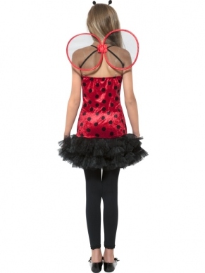 Miss Lady Bug Lieveheersbeestje Kostuum. Inbegrepen is de rode jurk met zwarte stippen en zwarte tutu en de vleugels en diadeem met voelsprieten. 