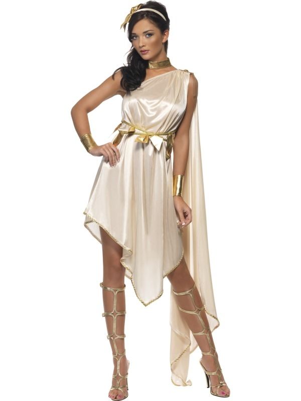 Fever Goddess Cleopatra Godin Verkleedkleding. Mooie champagne kleurige jurk met gouden details: riem, armbanden, halsband en diadeem met strik. Prachtig kostuum.