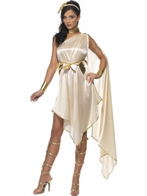 Fever Goddess Cleopatra Godin Verkleedkleding. Mooie champagne kleurige jurk met gouden details: riem, armbanden, halsband en diadeem met strik. Prachtig kostuum.