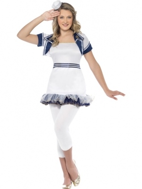 Miss Sailor Matrozen Zeevrouw Kostuum. Inbegrepen is de mooie jurk, het bolero jasje en het hoedje. Compleet kostuum. 