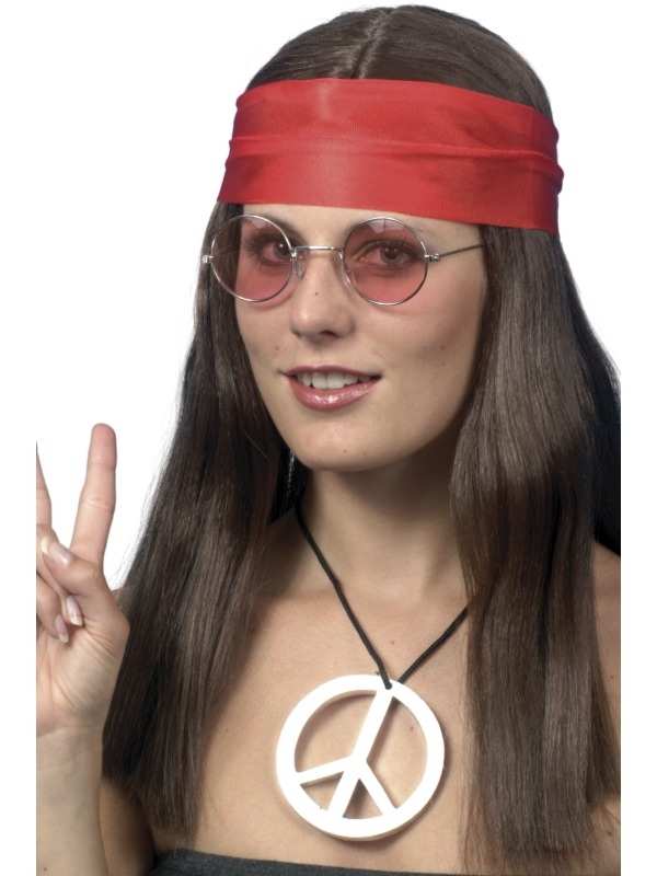 4-delig Hippy Chick Hippie Verkleedsetje met: bruine lange pruik, rode haarband, ketting met piece teken en zonnebril. 