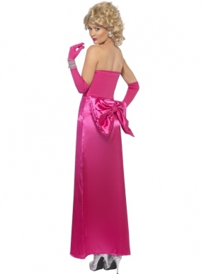 1980's Diamond Diva Kostuum. Met mooie lange roze glanzende jurk en lange roze glanzende handschoenen. 