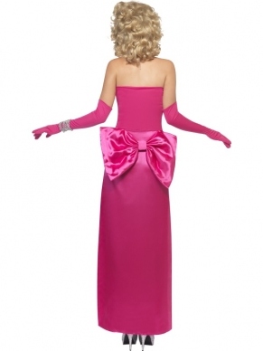 1980's Diamond Diva Kostuum. Met mooie lange roze glanzende jurk en lange roze glanzende handschoenen. 