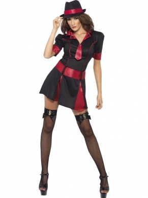 Fever Scarlet Gangster Dames Kostuum. Inbegrepen is de rood/ zwarte jurk met stropdas.