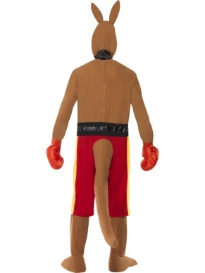 Compleet heren verkleedkleding: kangoeroe boxer! Inbegrepen is de jumpsuit met korte broekk, staart, handschoenen en kangoeroe hoofd. Maat Medium (zie maten tabel). 