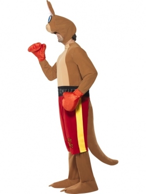 Compleet heren verkleedkleding: kangoeroe boxer! Inbegrepen is de jumpsuit met korte broekk, staart, handschoenen en kangoeroe hoofd. Maat Medium (zie maten tabel). 