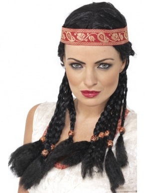 Pocahontas Zwarte Pruik met Vlechten en Haarband. 