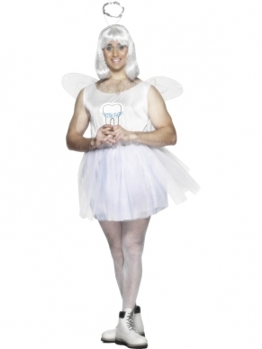 Tandenfee Heren Verkleedkleding met Witte Jurk met Tooth Fairy Logo, witte engelenvleugels en een diadeem met halo/ aureool.
