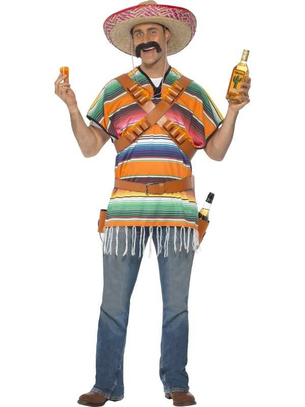 Tequila Shooter Guy Heren Verkleedkleding. Inbegrepen is de Mexicaanse Poncho, een bruine draagriem en een bruine heupriem met holsters.