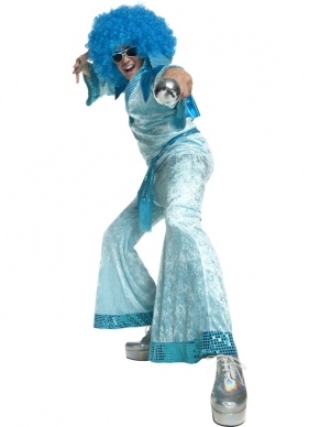 Fairy Godbrother Heren Verkleedkleding. Lichtblauwe broek & shirt met glitters, sjaal en sjerp. De pruik verkopen we los. 