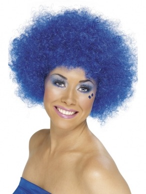 Blauwe Clown Pruik - 120 gram. Ook leuk als Afro pruik. Ook verkrijgbaar in andere kleuren.