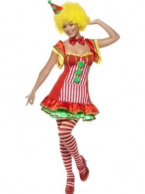 Boo Boo The Clown Dames Kostuum, bestaande uit de vrolijke jurk met hoedje op diadeem. De pruik verkopen we los. 