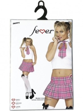 Fever Grade A Student Schoolmeisje Verkleedkleding. Inbegrepen is het topje, de rok en de stropdas. De kousen verkopen we los in onze webwinkel.