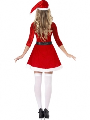 Fever Santa Babe Kostuum - rood jurkje tot boven de knie met wijd uitlopend rokje en witte bontrandjes aan de boven- en onderkant, inclusief zwarte riem, bijpassende stola en kerstmuts.