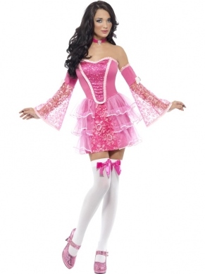 Fever Marie Antoinette Glitter Kostuum. Inbegrepen is de mooie roze jurk met details, mouwen en ketting. 