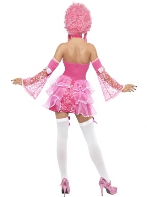 Fever Marie Antoinette Glitter Kostuum. Inbegrepen is de mooie roze jurk met details, mouwen en ketting. 