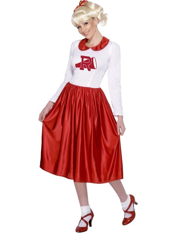 Grease Sandy Schoolmeisje Verkleedkleding - Rood/ witte jurk met lange mouwen. De pruik verkopen wij los in onze webwinkel.