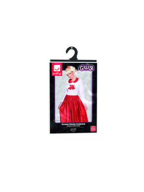 Grease Sandy Schoolmeisje Verkleedkleding - Rood/ witte jurk met lange mouwen. De pruik verkopen wij los in onze webwinkel.