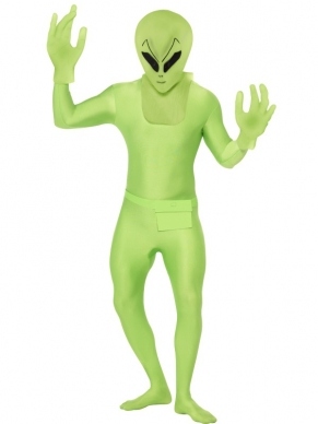 Alien Second Skin Morph Suit. Inbegrepen is het Second Skin Morph Suit Verkleedkostuum, het masker, de alien handen en het heuptasje. De morphsuits zijn gemaakt van stretch lycra, waardoor het zich naadloos aanpast aan ieder figuur. Er zit een openening onder de kin en bij de gulp.