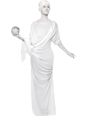Romeins Dames Beeld Verkleedkleding. Inbegrepen is de mooie lange jurk en het witte Latex Haarstuk. Witte Schmink verkopen we los.