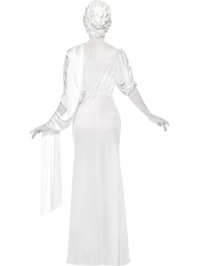 Romeins Dames Beeld Verkleedkleding. Inbegrepen is de mooie lange jurk en het witte Latex Haarstuk. Witte Schmink verkopen we los.