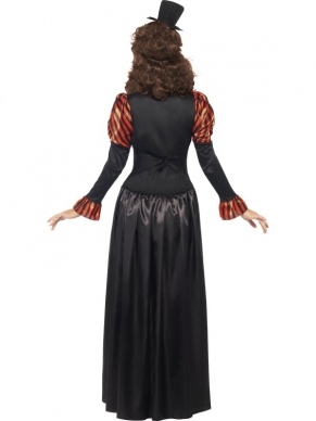 Steam Punk Victorian Vampieren Dames Kostuum. Inbegrepen is de mooie jurk met kraag, sleep, badge en hoedje. Compleet kostuum. Steam Punk is een nieuwe lijn binnen Smiffy's en is de top of the range: top kwaliteit en mooie details. 