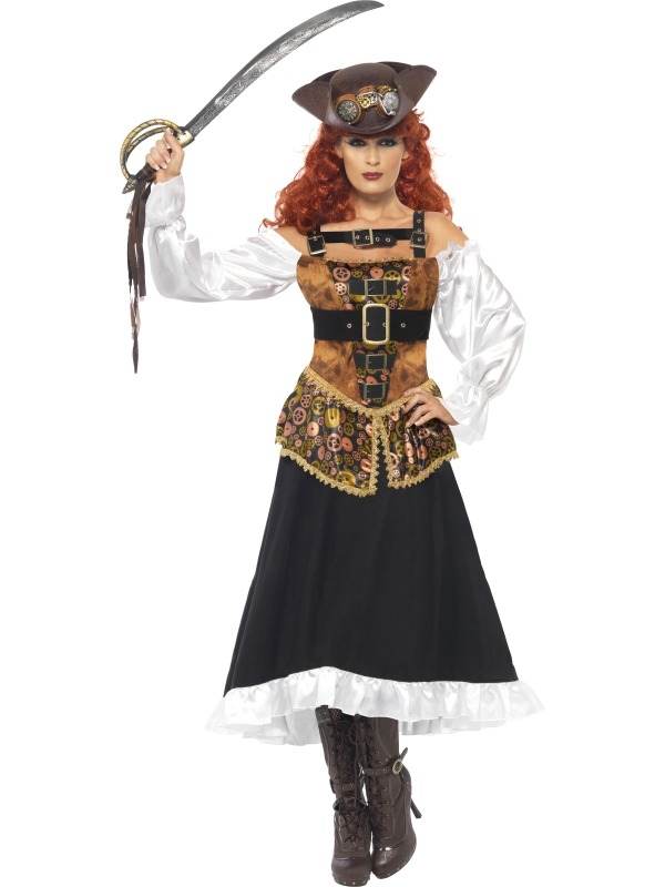 Steam Punk Piraat Dames Verkleedkleding. Top kwaliteit met mooie details. Daar staat de nieuwe lijn: Steam Punk voor. Inbegrepen is de jurk met mouwen en buckles. De hoed verkopen we los.