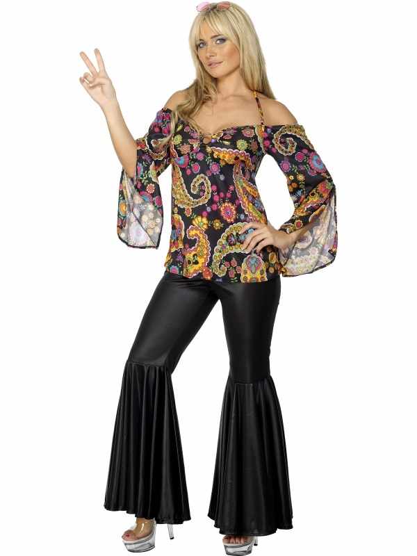 Hippie Dames Verkleedkleding met zwarte broek met wijde pijpen en geprinte top met lange doorzichtige mouwen. 