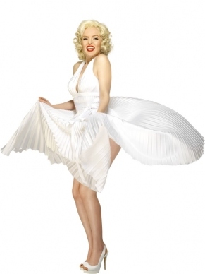 Top kwaliteit Marilyn Monroe Witte Halterjurk met geplooide rok. De pruik verkopen we los in onze webwinkel.