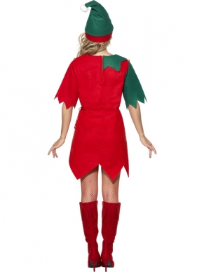 Elf Dames Kostuum met Belletjes - rood - groene jurk met belletjes aan de kraag en elfenmutsje.