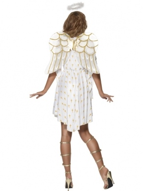 Fever Sexy Wit/Gouden Engel Dames Verkleedkostuum. Inbegrepen is de omslag jurk, de vleugels en de aureool. 